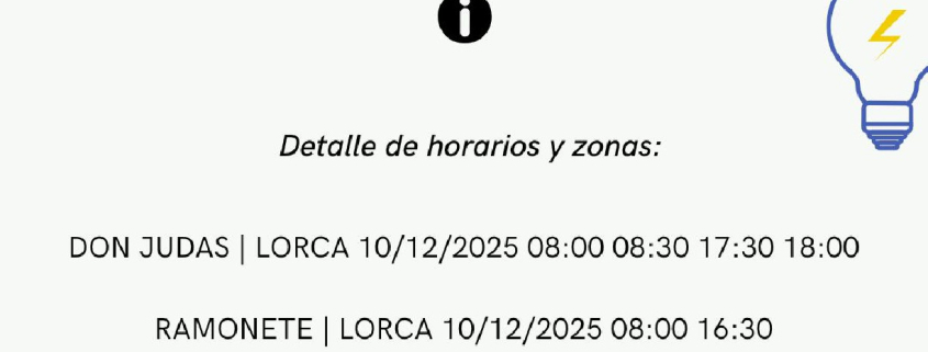 Corte de luz el 10 de diciembre en varios lugares de Lorca
