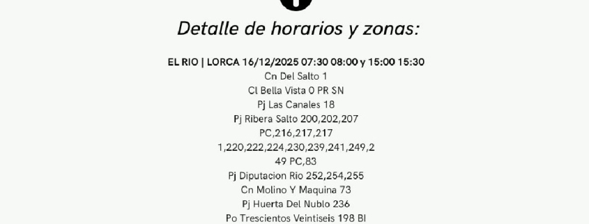 Corte de luz los días 16 y 19 de diciembre en varios lugares de Lorca