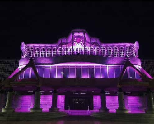 Foto de archivo: fachada principal de la Asamblea Regional iluminada de violeta