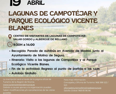 Turismo Visita guiada gratuita 'LAS LAGUNAS DE CAMPOTÉJAR Y PARQUE ECOLÓGICO VICENTE BLANES' Día 19 CARTEL
